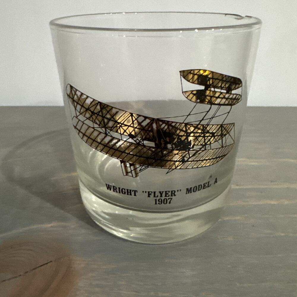 Vintage ‘Plane’ Bar Glass Tumbler 3 1/2" Wright “Flyer” Model A 1907 MCM Rare